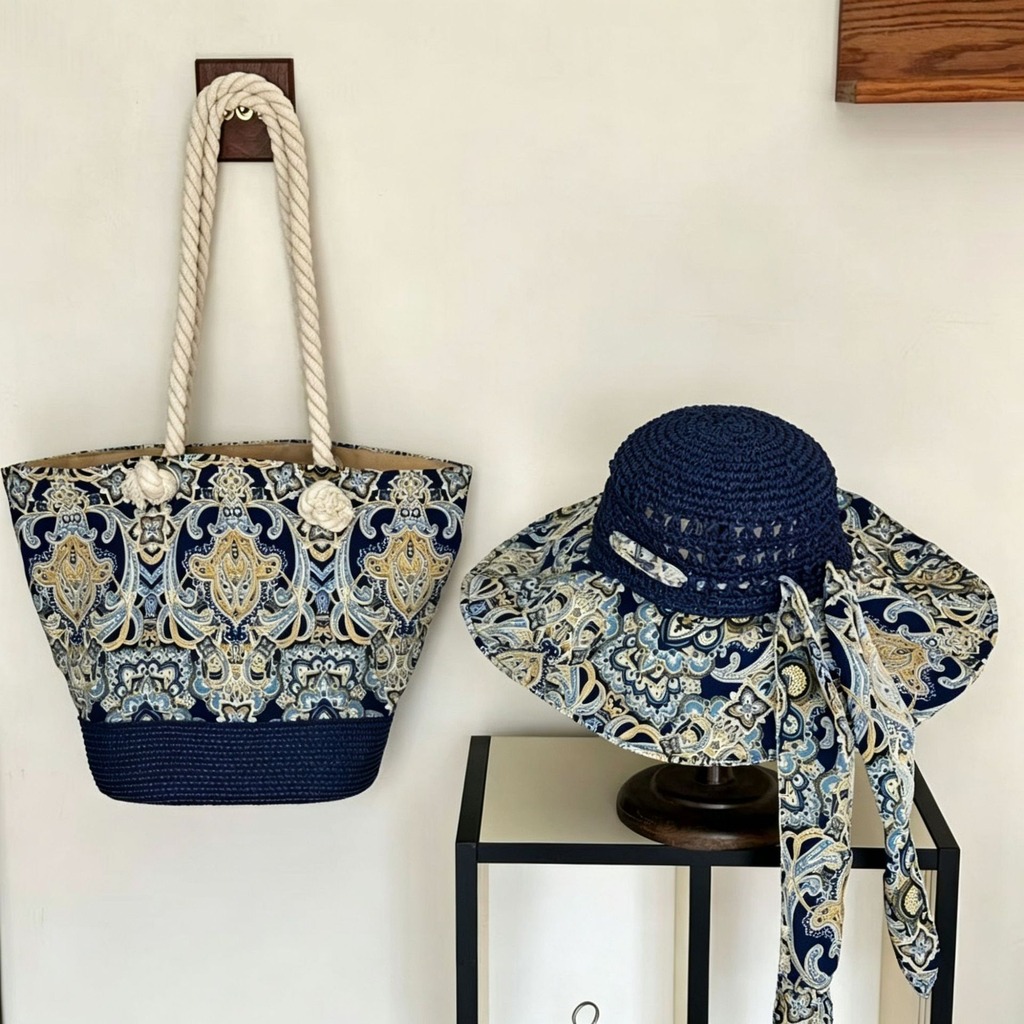 Bucket Hat Straw - Set Topi Jerami Boho dan Tas