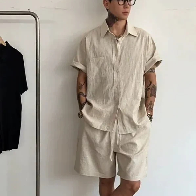 Linen Shirt Breathable - Setelan Linen Katun Pria 2 Potong,