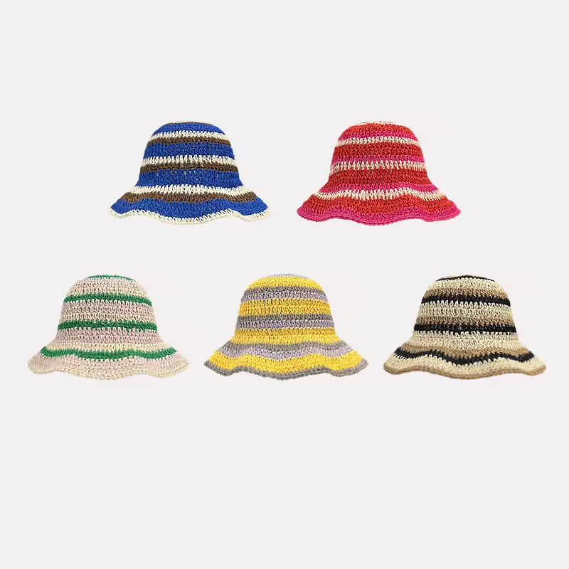 Bucket Hat Straw - Topi rajut bergaris baru topi rajutan