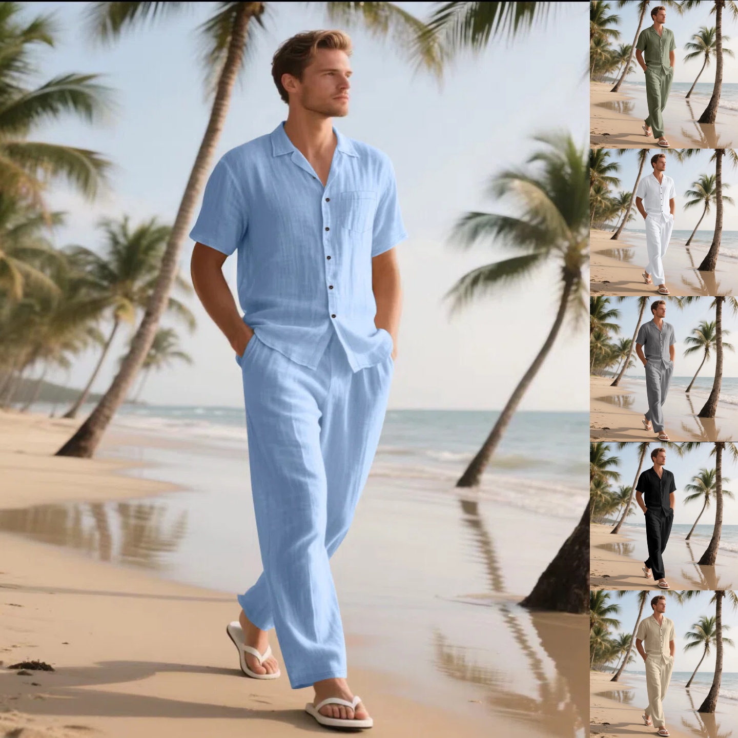 Short Linen Drawstring - Setelan Celana Panjang Lengan Pendek Pantai
