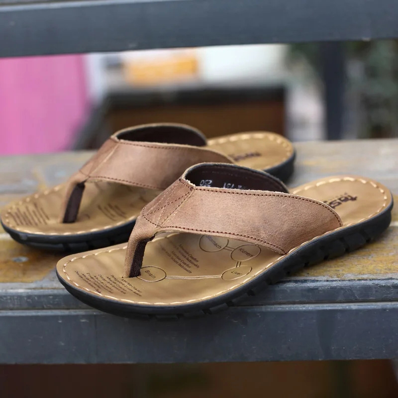 Flip Flop Leather Men - Sandal Pria Roma Retro Warna Solid