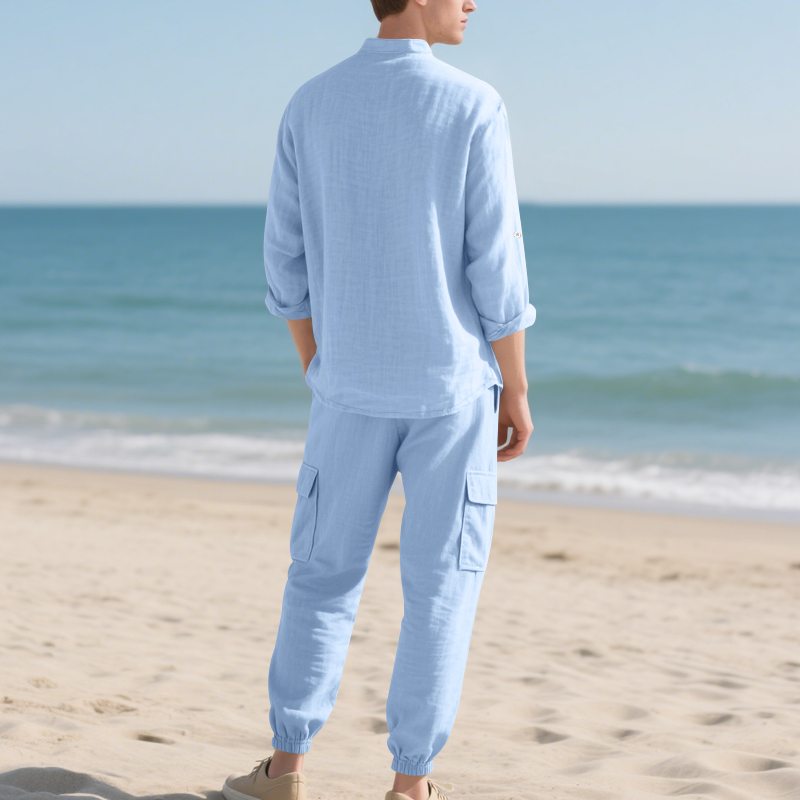 Setelan Linen Pria Dua Potong  - Linen Shirt Breathable ulasan dan harga
