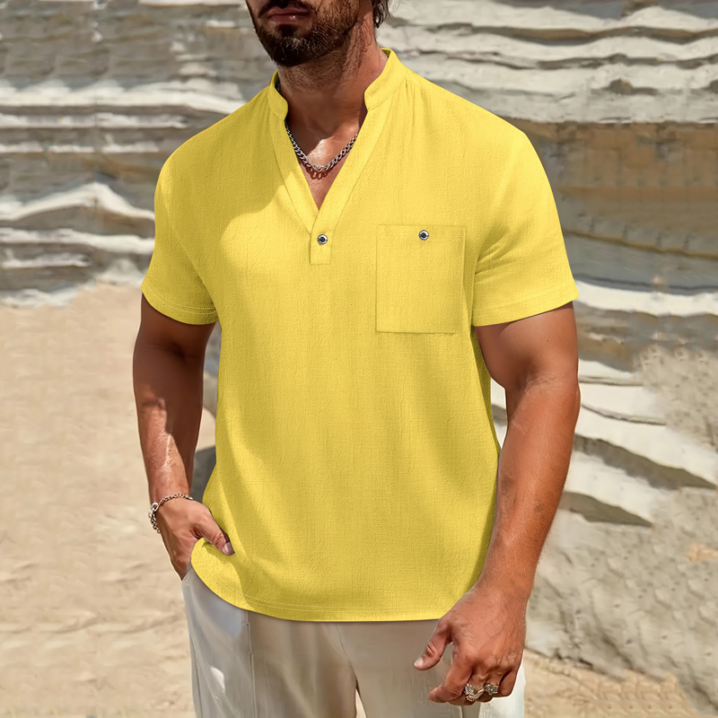 Kemeja Henley Pria Katun Linen - Linen Shirt Breathable ulasan dan harga
